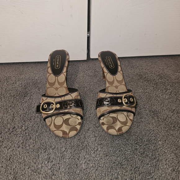 Coach Shoes - Coach Tan Signature Canvas Slide Sandals with Black Leather Trim